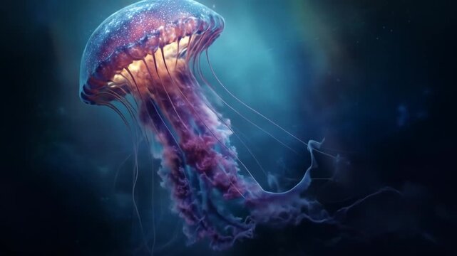 Majestic bioluminescent jellyfish glowing in deep blue ocean, ethereal underwater marine life with vibrant colors and flowing tentacles.