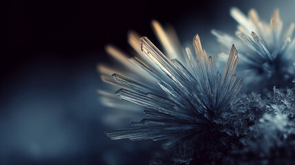 Ice crystal formation with sharp geometric needles radiating outward in macro close-up, winter frost pattern on dark background
