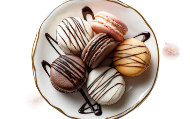 Close up view of elegant dessert plate with macarons and chocolate showcasing colorful gourmet treats and visually appealing bakery presentation isolated on transparent background PNG