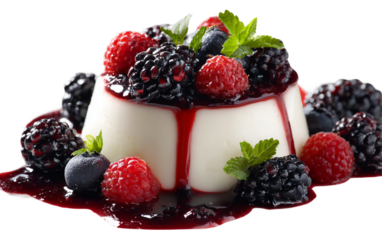 Elegant close up of panna cotta with berry topping emphasizing luxurious, colorful, and visually stunning dessert arrangement isolated on transparent background PNG