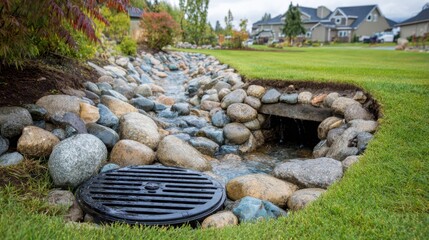 Medium shot revealing an underground rainwater harvesting system with manhole access demonstrating sustainable water storage beneath a residential lawn.