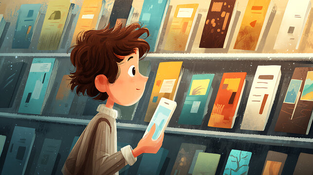  A young boy choosing from a library of digital books on a learning app (1)