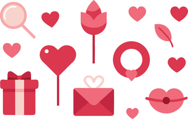 A charming collection of flat design icons representing love, romance, and valentine's day