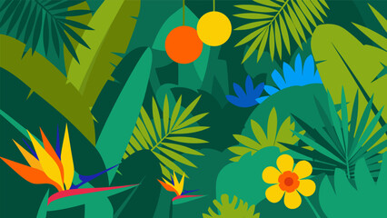 Vibrant jungle vector illustration with exotic flora and festive lanterns, a lively tropical scene © PDWN Creative