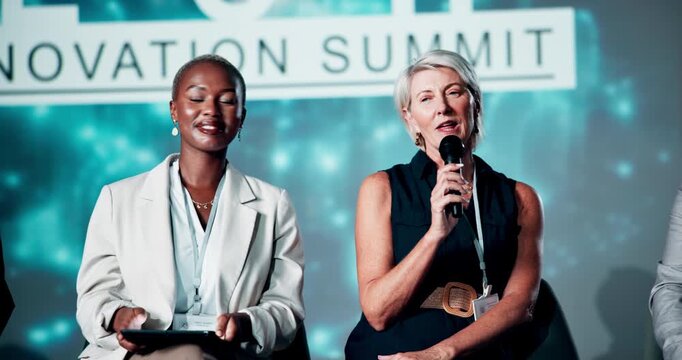 Panel, microphone and stage with business women at conference for finance summit, innovation or seminar. Tradeshow symposium, speech and broker convention with employees for expo event and discussion