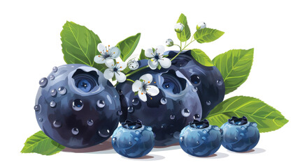 Fresh Blueberries with Leaves and Blossoms Illustration