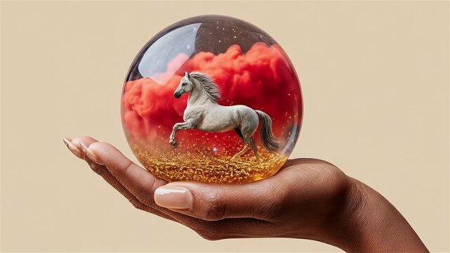 Dream weaver a horse in amber on a hand held globe a celestial dance of amber and ruby colors
