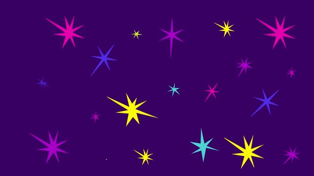 A dynamic looping video featuring stylized graphic stars shimmering against a vibrant purple backdrop. This sleek motion graphic is ideal for VJ loops, streaming overlays, or modern digital signage.