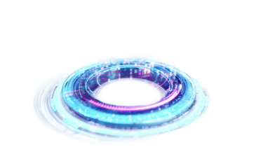 Floating holographic artificial intelligence interface with neon characters and futuristic digital interaction concept isolated on transparent background PNG