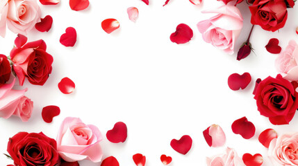 Red and Pink Roses with Heart Frame on White Background