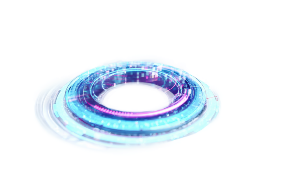 Floating holographic artificial intelligence interface with neon characters and futuristic digital interaction concept isolated on transparent background PNG - Powered by Adobe