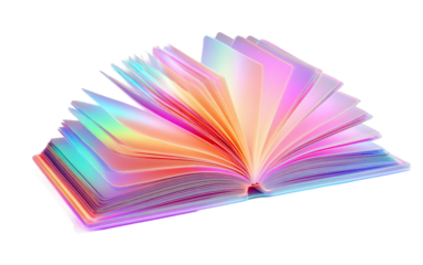 Advanced digital holographic book pages illuminated in neon style symbolizing artificial intelligence driven education isolated on transparent background PNG