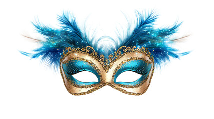 Gold Masquerade Mask with Blue Feathers Glitter Sparkle