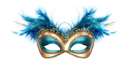 Gold Masquerade Mask with Blue Feathers Glitter Sparkle