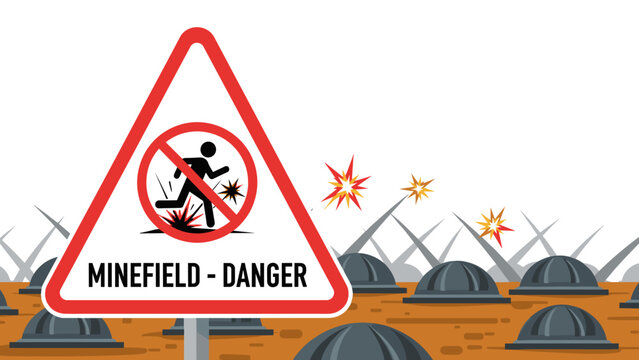 Minefield danger sign warning of explosives in hazardous area  