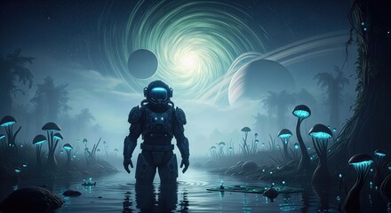 Astronaut exploring a mysterious alien landscape with glowing plants  