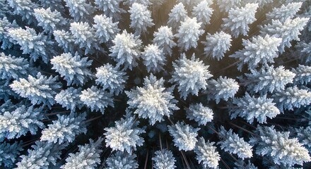 Winter Evergreen Trees Covered in Frost from Above  