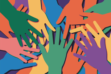 Hands of diverse colors symbolize global unity, teamwork, and social.