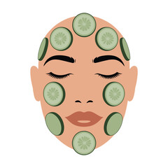 Woman's face adorned with cucumber slices symbolizes relaxation.
