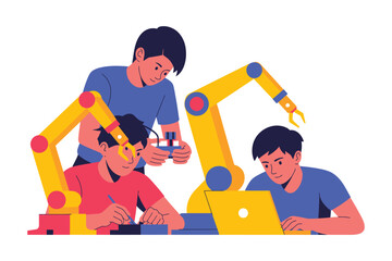 Young engineers collaborate on a robotics project with mechanical arms.