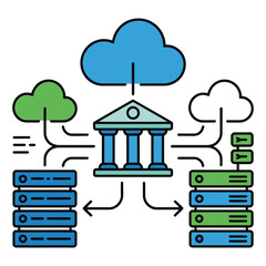 Bank institution connected to cloud computing and data server.