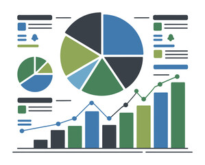 Business charts display pie graphs and bar metrics for data analysis.