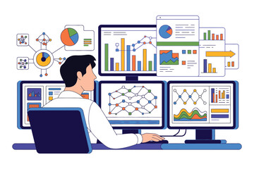 Analyst monitors complex financial data across multiple computer.