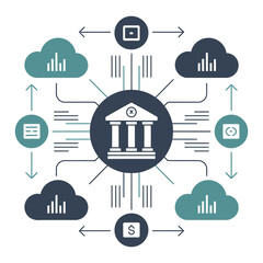 Central bank connects to cloud servers via digital network.