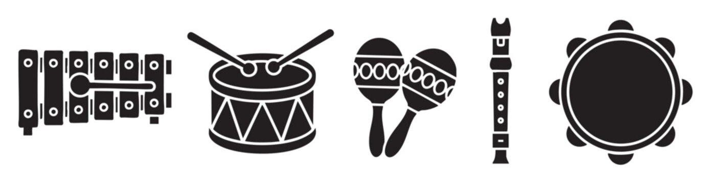 A graphic collection of simple black and white icons representing various musical instruments including a xylophone, drum, maracas, recorder, and tambourine.
