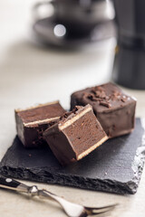 Sweet dessert cake. Mini pie on kitchen table.
