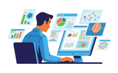 Analyst reviews complex data visualizations floating around a desktop.