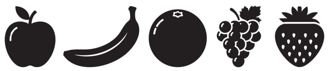 A clean, modern vector illustration showcases a row of five iconic fruit silhouettes: apple, banana, orange, grapes, and strawberry, set against a white background.