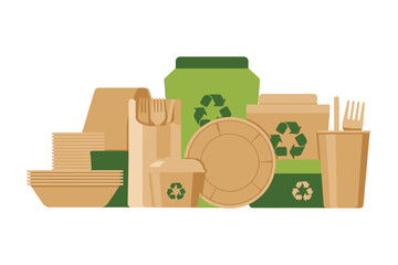 Biodegradable packaging items feature recycling symbols for sustainable.