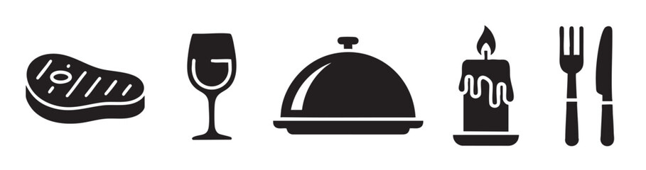 Obraz premium A set of black vector icons depicting elements of a celebratory meal including a steak, wine glass, cloche, candle, and cutlery, perfect for restaurant menus or event design.