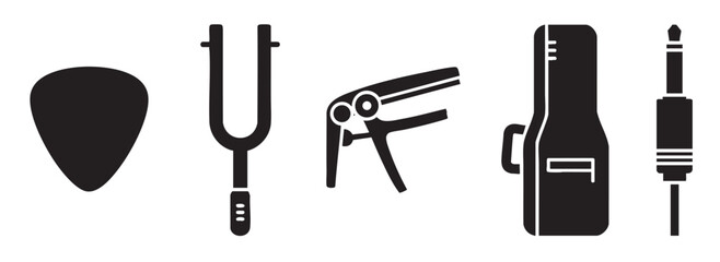 Obraz premium A collection of black silhouette icons representing essential guitar accessories, including a pick, tuning fork, capo, case, and jack, presented on a clean white background for versatility.