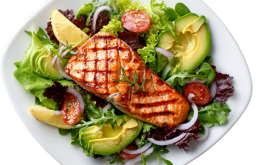 Fresh grilled salmon salad with avocado slices showcasing healthy protein rich meal and nutritious vibrant ingredients isolated on transparent background PNG