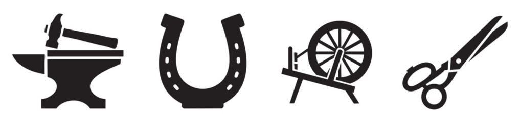 Fototapeta premium A graphic collection of black icons representing traditional crafts: a hammer and anvil, a horseshoe, a spinning wheel, and scissors against a white background.