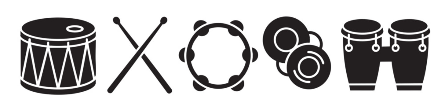 This black and white vector illustration features a collection of percussion instruments including a drum, drumsticks, tambourine, cymbals, and congas, arranged horizontally on a white background.