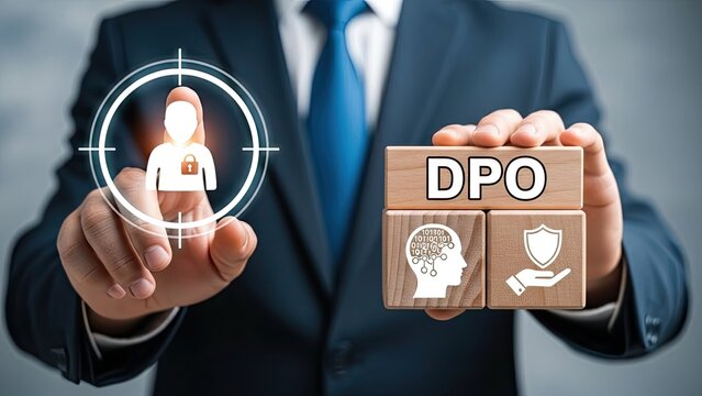 Businessman presenting data protection and privacy concepts with DPO blocks