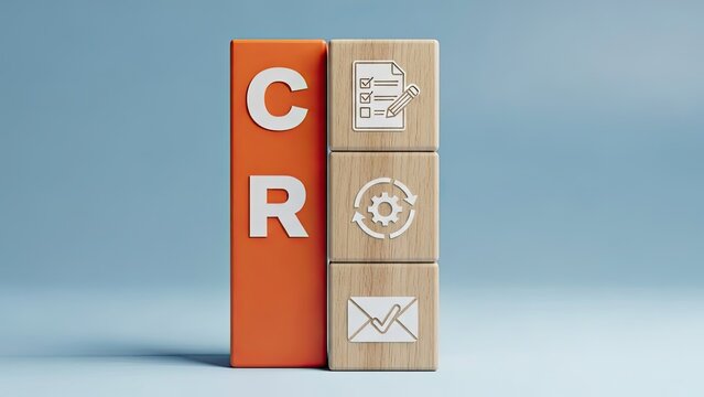 Conversion rate optimization strategy with wooden blocks and icons