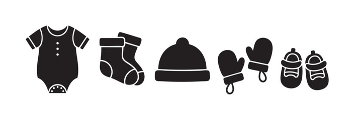 A clean, minimalist vector illustration showcases a collection of essential baby clothing items, including a romper, socks, hat, mittens, and booties, set against a white background.
