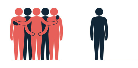 One isolated figure stands apart from a united group showing social.