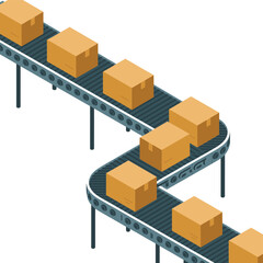 Cardboard shipping boxes move along a segmented industrial conveyor.