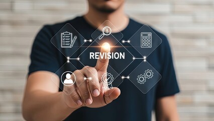 Man interacting with digital revision interface on modern device