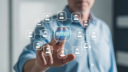 Man interacting with digital influencer network on touchscreen