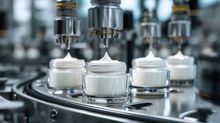 Cosmetic cream jars on production line