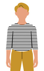 Man wearing striped shirt stands facing forward in simple minimalist.