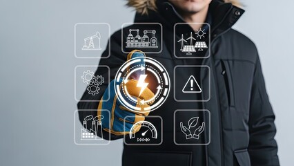 Person interacting with futuristic energy icons on touchscreen interface