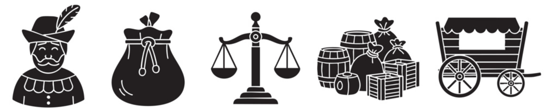 A collection of black silhouette icons representing elements of medieval commerce, including a smiling merchant, a money bag, scales of justice, barrels, and a cart.