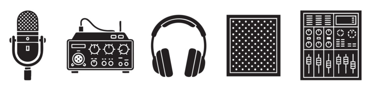 Set of five flat design black icons representing audio equipment including a microphone, amplifier, headphones, speaker, and sound mixer, isolated on white background.